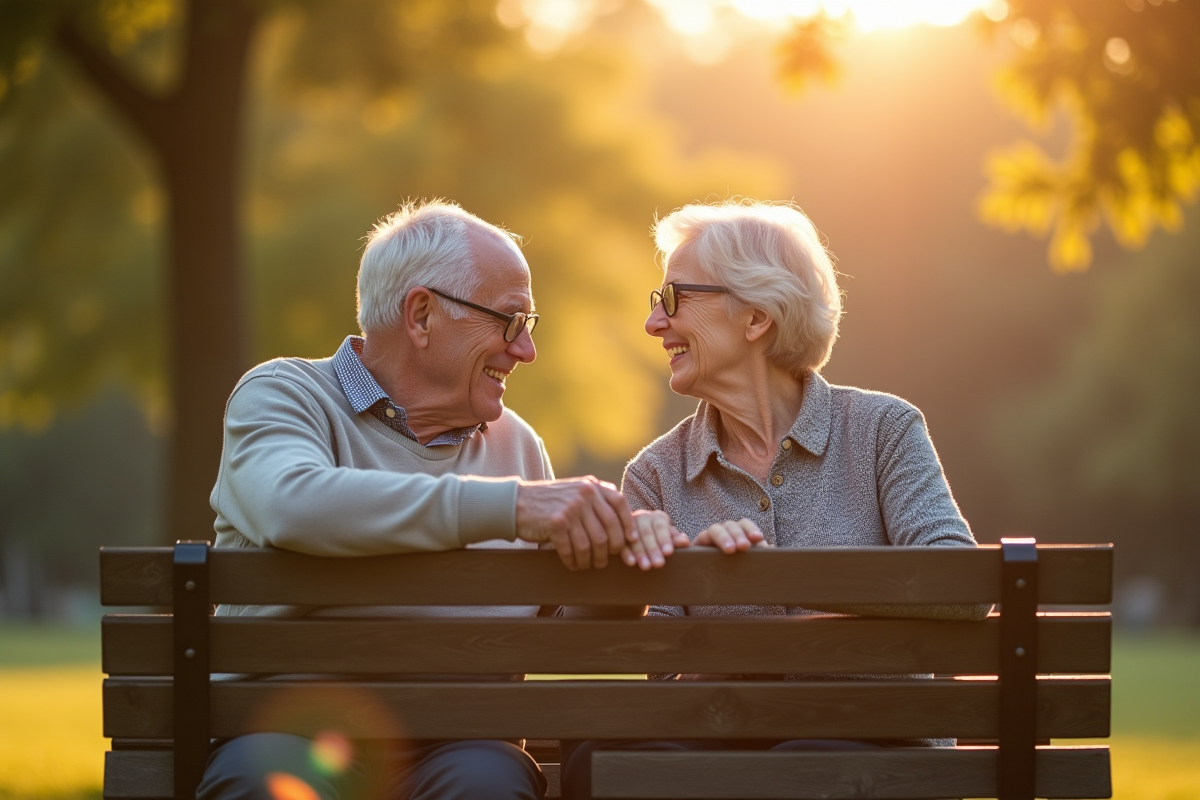 Couple âgé souriant main dans la main dans un parc