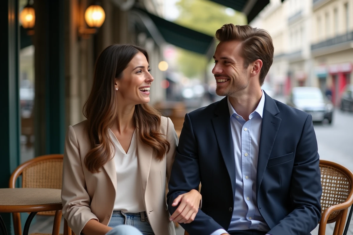 Couple discutant dans une terrasse de café parisien