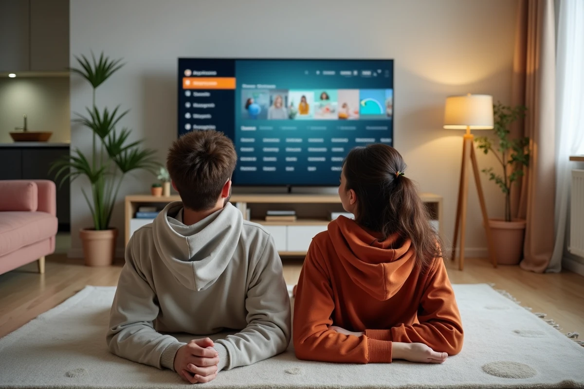 Jeune couple allongé sur un tapis devant leur télévision, choisissant un programme à regarder un après-midi dans leur appartement moderne