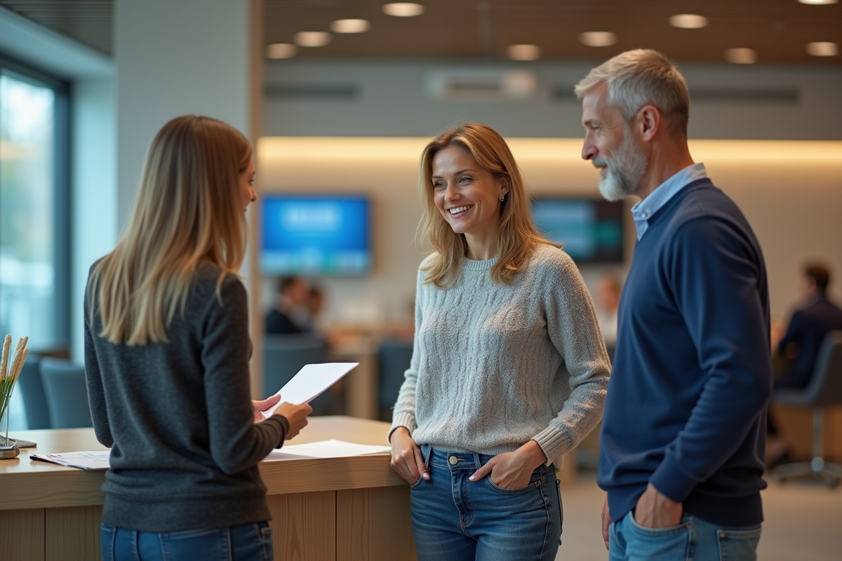 Couple discute options de prêt avec conseiller bancaire