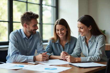 Jeune couple avec conseiller immobilier souriant en réunion