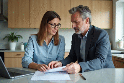 Couple d'adultes lisant des documents de prêt immobilier à la maison