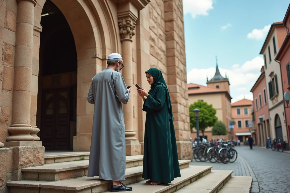 Couple musulman consultant les horaires de prière sur smartphone devant une mosquée à Toulouse