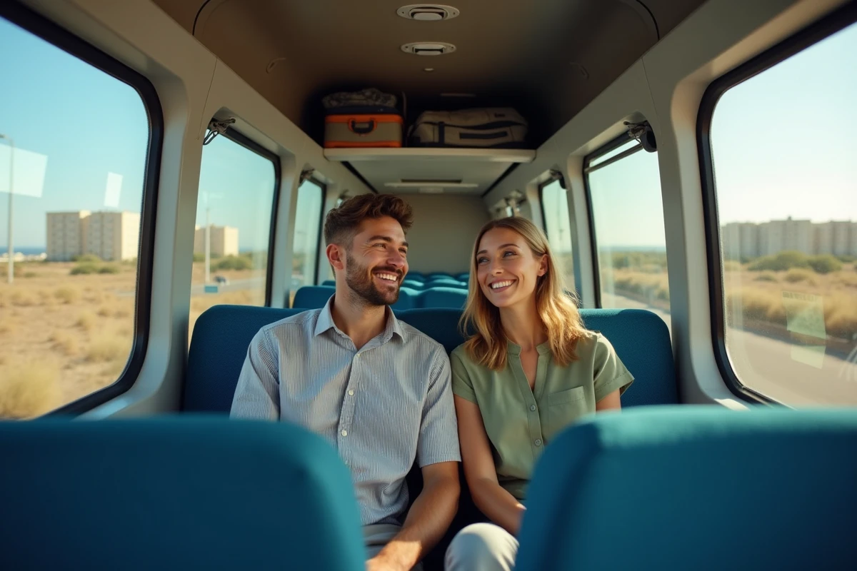 Couple de voyageurs dans une navette pour l'aéroport de Marseille, paysage provençal visible par la fenêtre