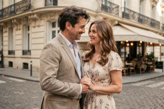 Couple élégant main dans la main dans une rue pavée de Paris, atmosphère romantique et authentique
