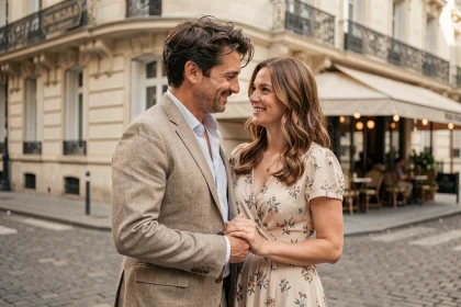 Couple élégant main dans la main dans une rue pavée de Paris, atmosphère romantique et authentique