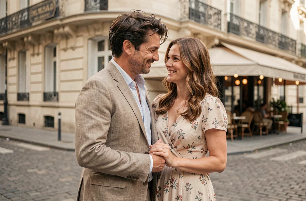 Couple élégant main dans la main dans une rue pavée de Paris, atmosphère romantique et authentique