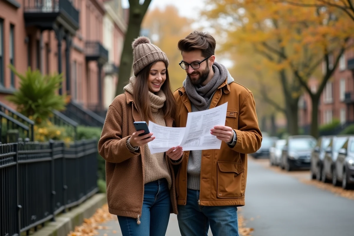 Couple consultant une annonce de location immobilière dans une rue résidentielle en automne