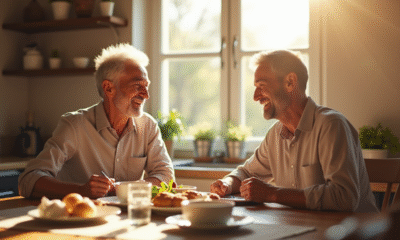 Couple mature riant lors d'un petit déjeuner ensoleille