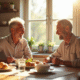 Couple mature riant lors d'un petit déjeuner ensoleille