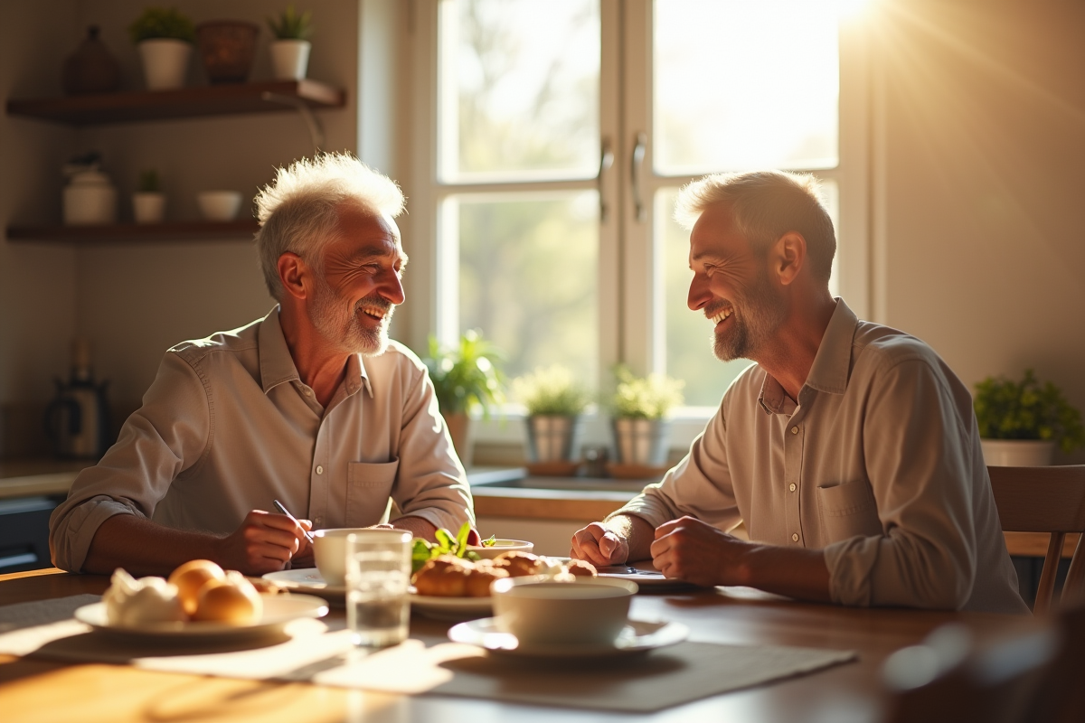Couple mature riant lors d'un petit déjeuner ensoleille