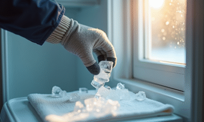 Personne en gants retire doucement la glace du congélateur