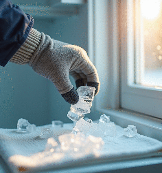 Personne en gants retire doucement la glace du congélateur