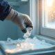 Personne en gants retire doucement la glace du congélateur