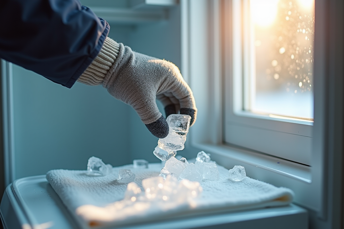 Personne en gants retire doucement la glace du congélateur