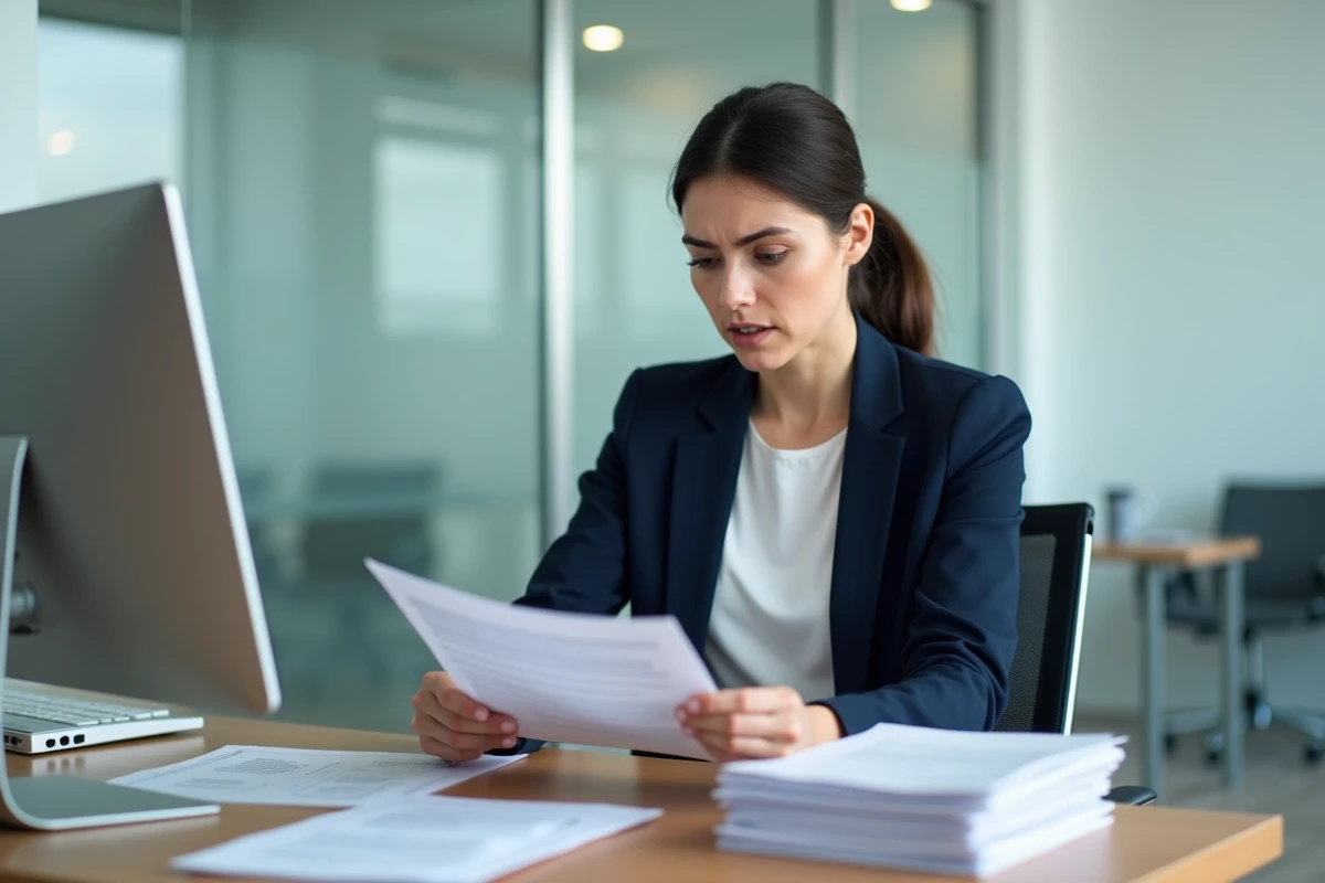 Femme consultant des documents administratifs lors d'une démarche de désinscription à France Travail
