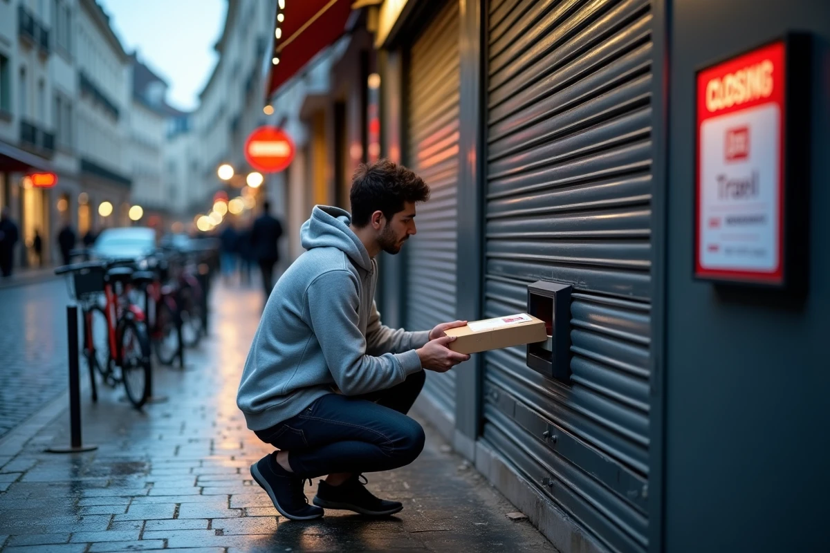Homme déposant un colis Chronopost dans une boîte de dépôt 24h devant un bureau de poste fermé
