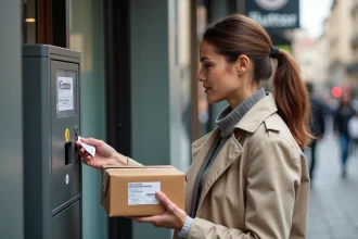 Femme déposant un colis Chronopost dans une consigne automatique à l'extérieur d'un supermarché