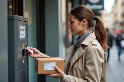 Femme déposant un colis Chronopost dans une consigne automatique à l'extérieur d'un supermarché