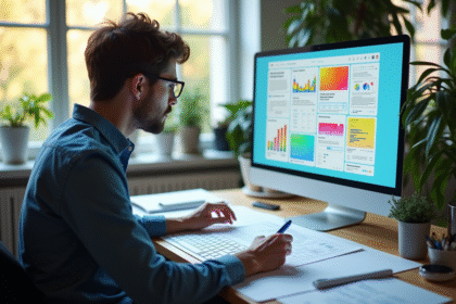 Designer travaillant sur un bureau lumineux avec interface colorée