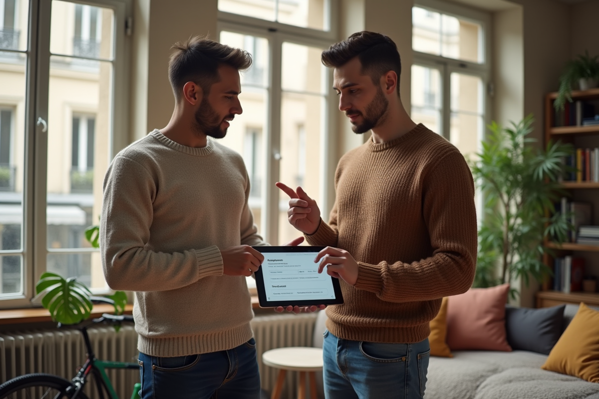 Deux jeunes hommes regardant une tablette dans un salon lumineux