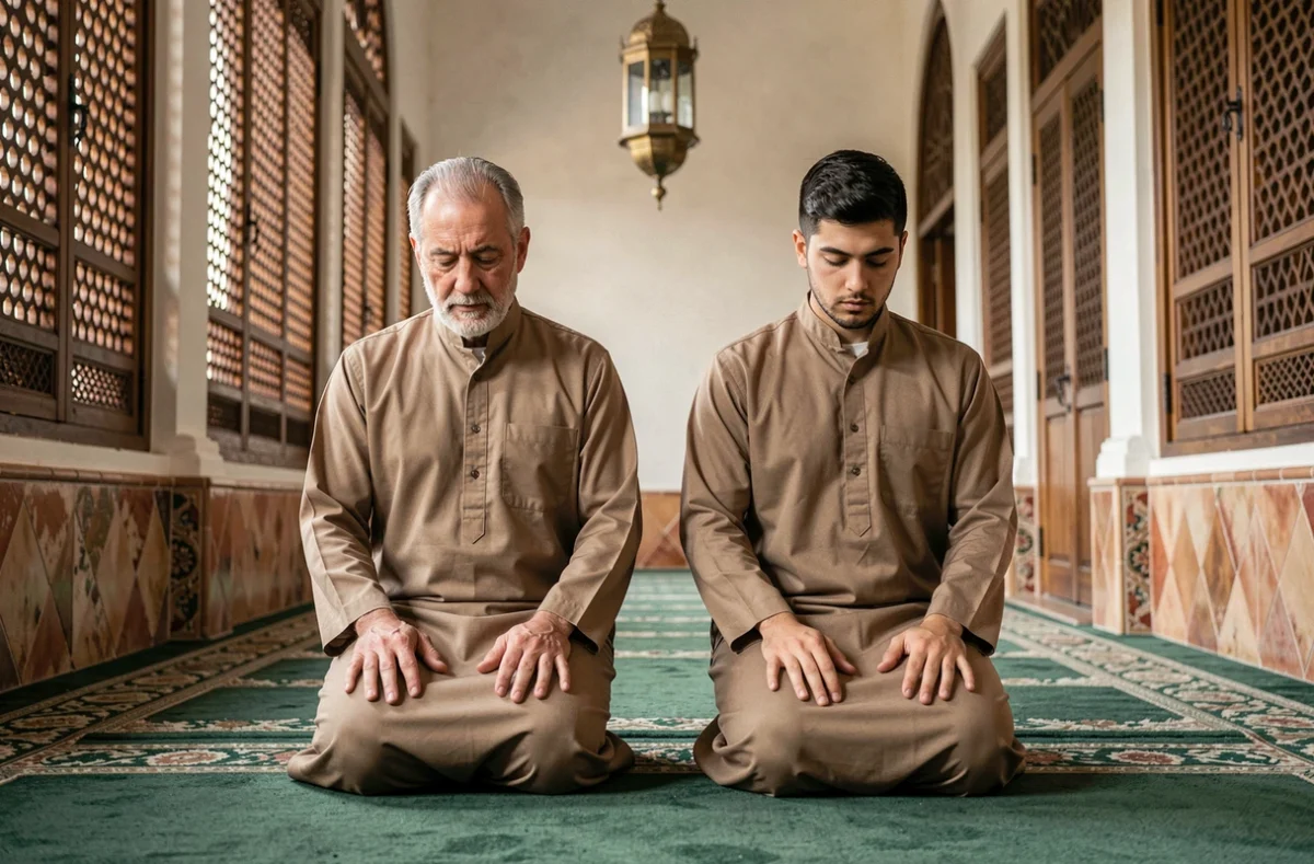 Deux hommes en prière islamique en position de tashahhud côte à côte sur un tapis de mosquée traditionnel