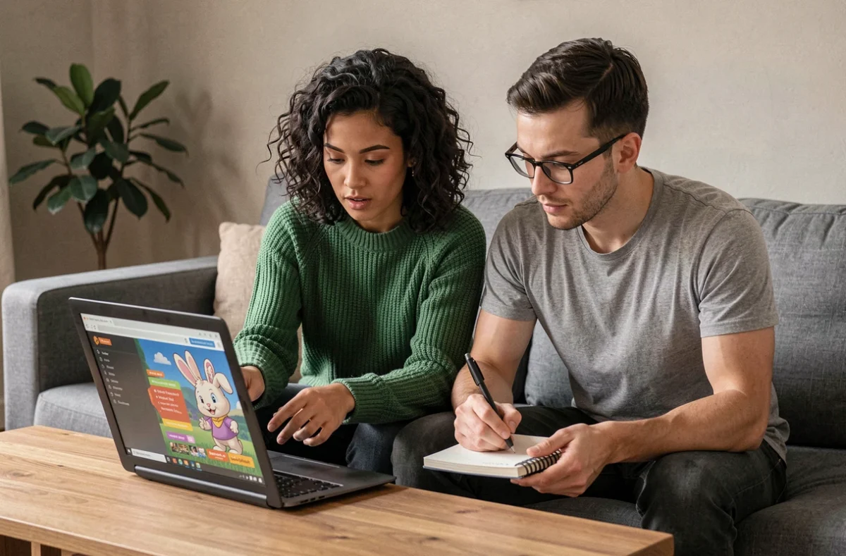 Deux joueurs adultes consultant un guide en ligne sur un laptop pour éviter les erreurs dans la quête de l'os de Wabbit sur Dofus