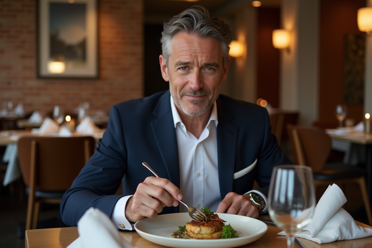 Homme élégant dégustant un plat gourmet dans une salle raffinée
