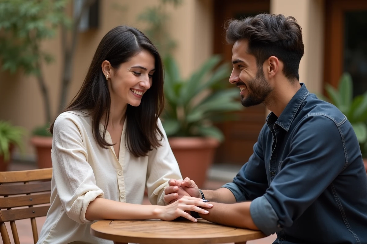 Jeune femme posant doucement la main sur le bras d'un homme dans un café espagnol, exprimant des sentiments amoureux avec douceur