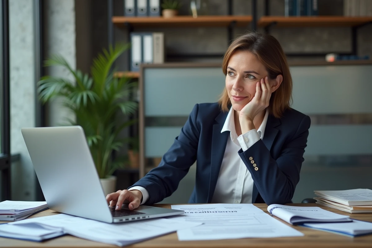 Dirigeante de PME analysant des documents de certification sur son bureau, entourée de dossiers et d'un ordinateur portable affichant une liste de conformité