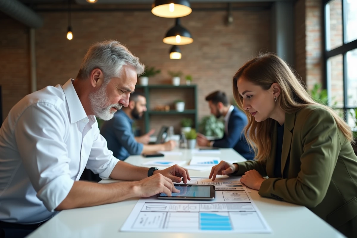 Deux dirigeants de PME comparant des grilles de certifications professionnelles sur une tablette et des documents imprimés dans un espace de coworking