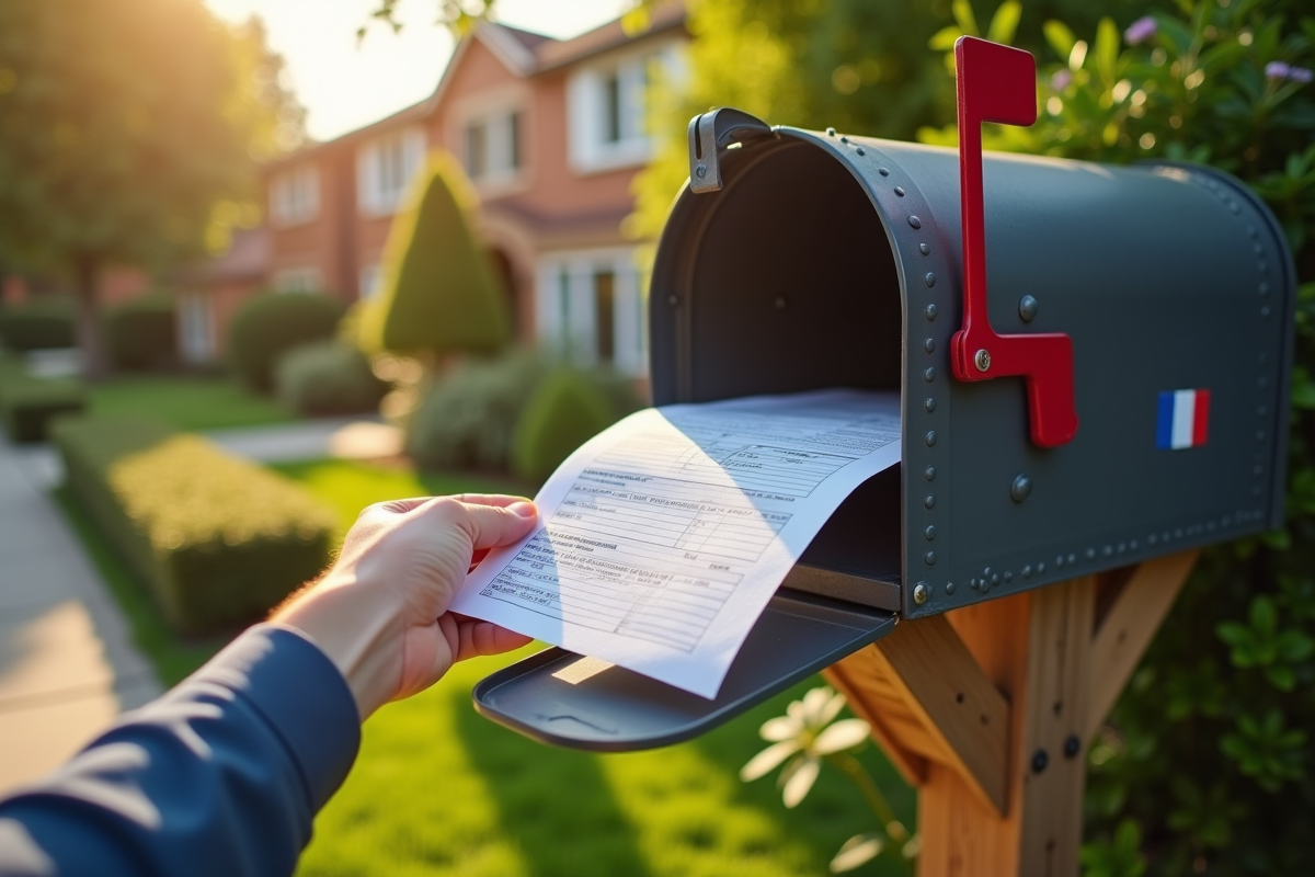Main déposant un document dans une boîte aux lettres devant une maison