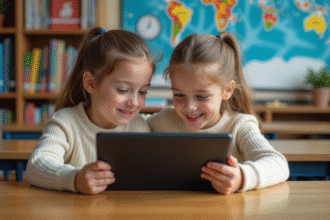 Jeunes enfants concentrés sur une tablette en classe