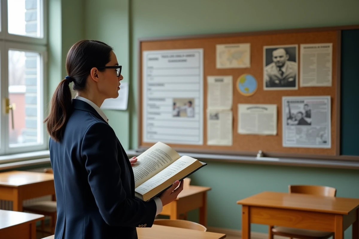 Enseignante d'histoire présentant des documents sur le mouvement antifasciste devant un tableau pédagogique en classe