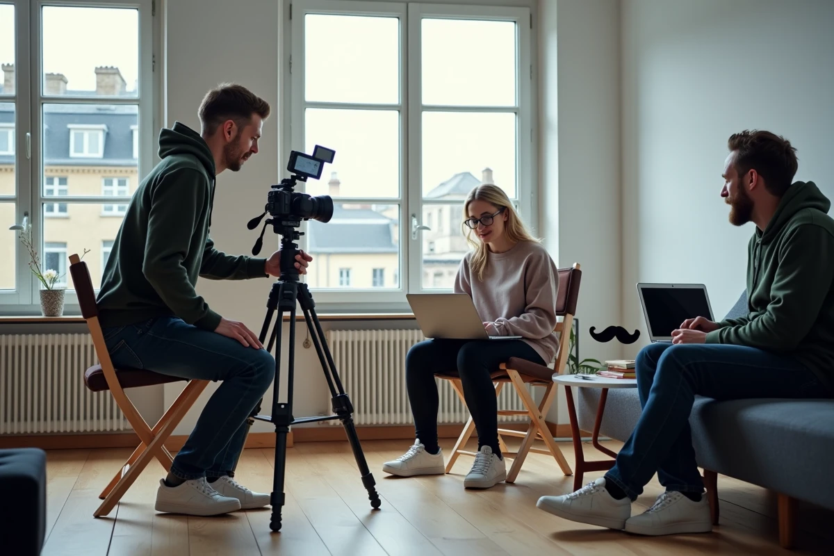 Équipe de production vidéo française préparant un tournage de série comique dans un appartement parisien aménagé en studio