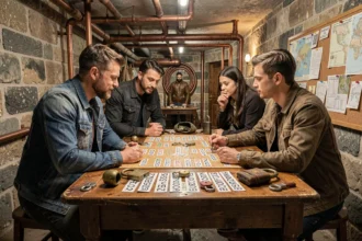 Groupe de joueurs adultes explorant une salle d'escape game immersive en Haute-Vienne, entourés d'énigmes et d'accessoires vintage