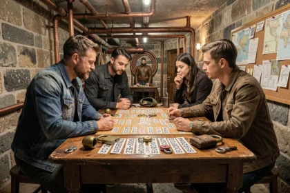 Groupe de joueurs adultes explorant une salle d'escape game immersive en Haute-Vienne, entourés d'énigmes et d'accessoires vintage