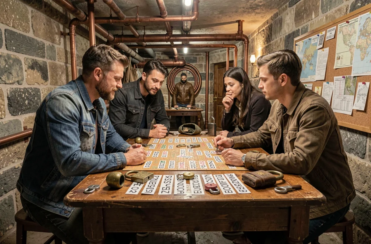Groupe de joueurs adultes explorant une salle d'escape game immersive en Haute-Vienne, entourés d'énigmes et d'accessoires vintage