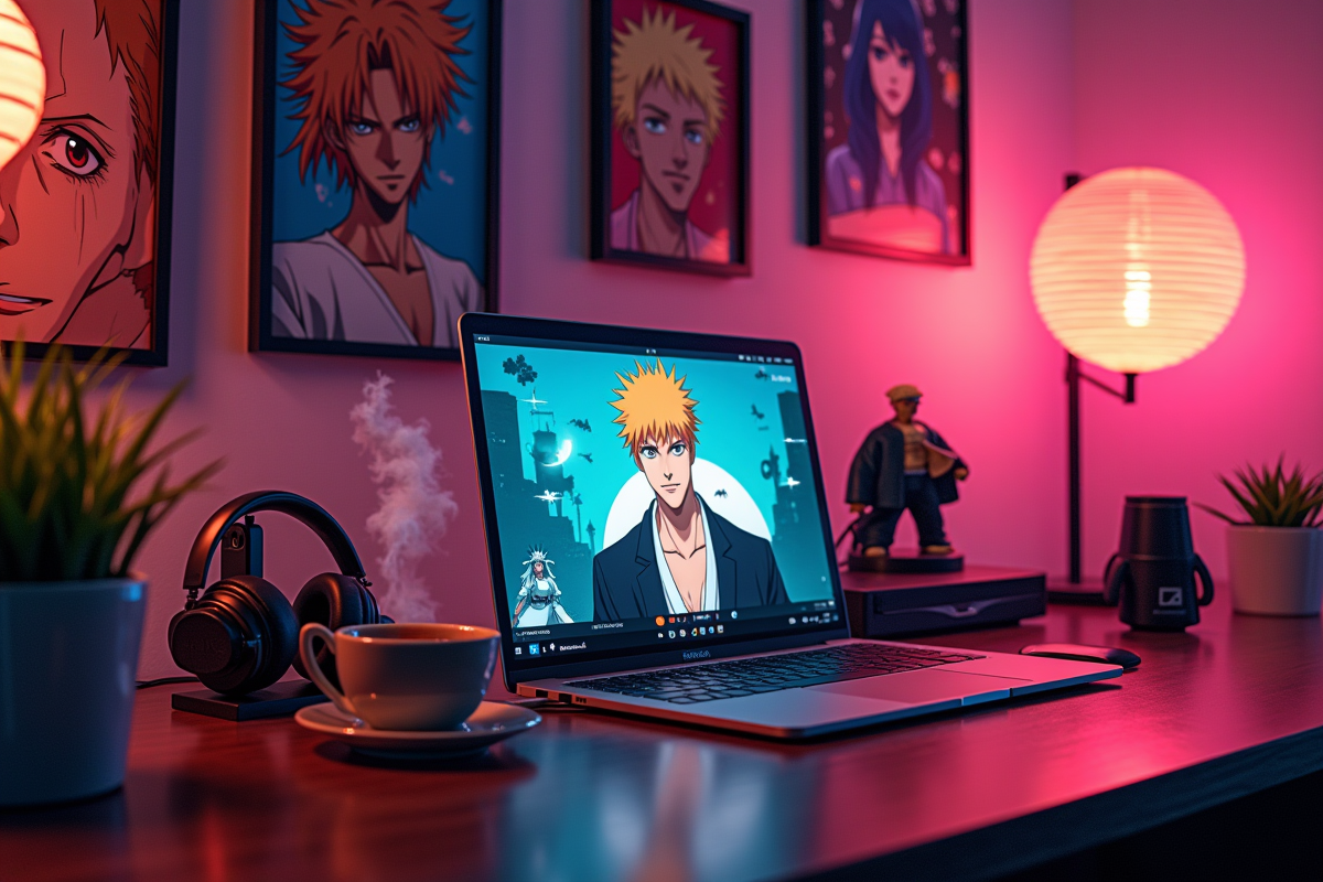 Espace otaku avec posters figures et tasse de thé ambiance moderne