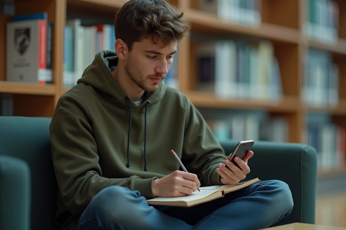 Étudiant vérifiant une actualité d'Elchorouk sur son smartphone dans une bibliothèque universitaire