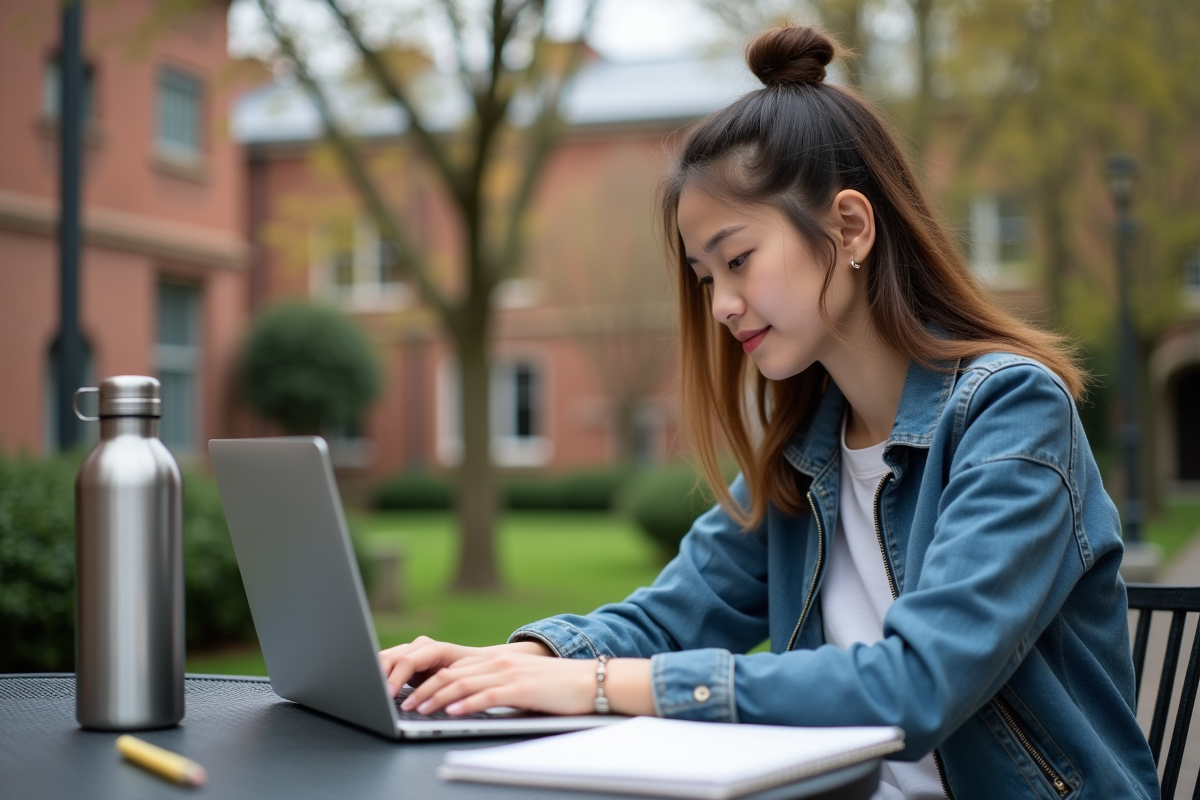 Étudiante universitaire travaille dehors sur son ordinateur
