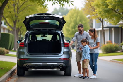 Famille souriante avec SUV hybride en ville