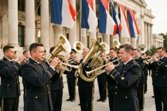 Fanfare militaire en uniforme jouant lors d'une cérémonie patriotique sur une place pavée avec drapeaux tricolores