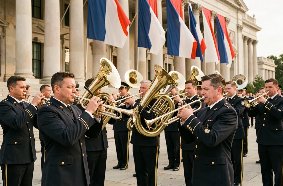 Fanfare militaire en uniforme jouant lors d'une cérémonie patriotique sur une place pavée avec drapeaux tricolores