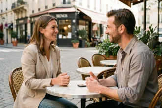 Femme souriante qui ose aborder un inconnu dans un café parisien en terrasse, illustrant les rencontres et les citations motivantes