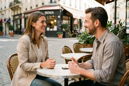 Femme souriante qui ose aborder un inconnu dans un café parisien en terrasse, illustrant les rencontres et les citations motivantes