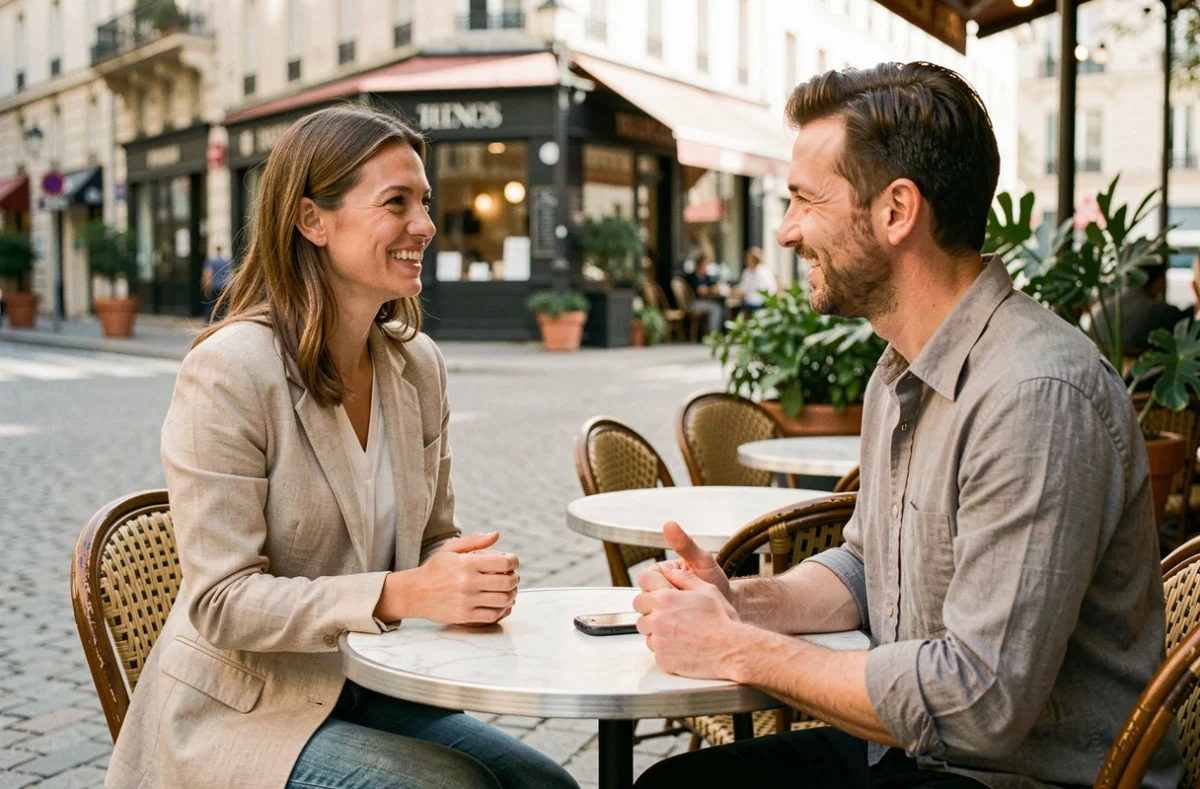Femme souriante qui ose aborder un inconnu dans un café parisien en terrasse, illustrant les rencontres et les citations motivantes