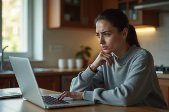 Femme inquiète devant son ordinateur consultant une annonce suspecte sur un site de vente entre particuliers