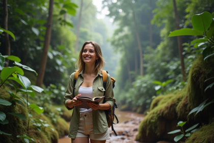 Jeune femme souriante en randonnée dans la forêt tropicale