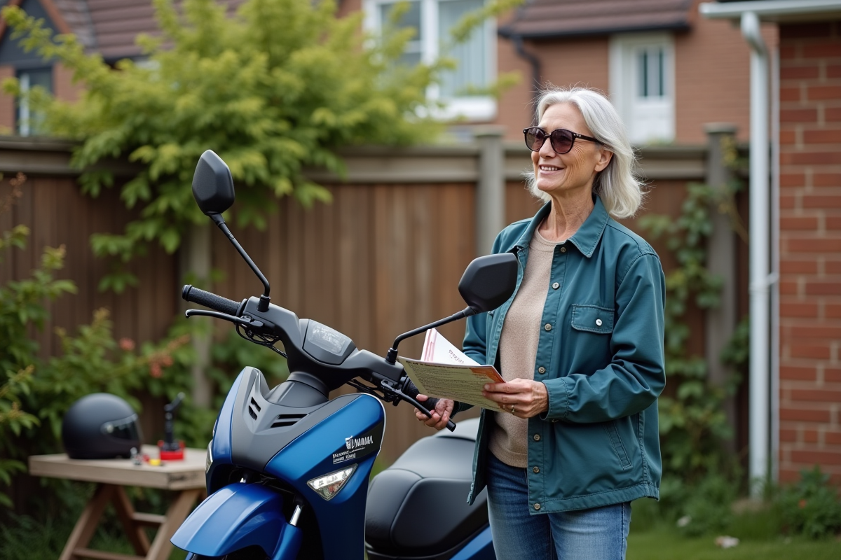 Femme regardant une Yamaha PW 50 dans son jardin